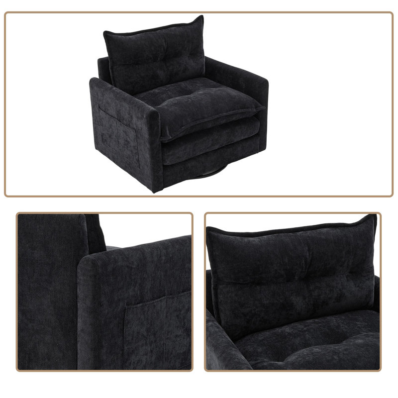 Fauteuil d'appoint pivotant à 360 ° avec poche latérale et base en métal robuste, Noir
