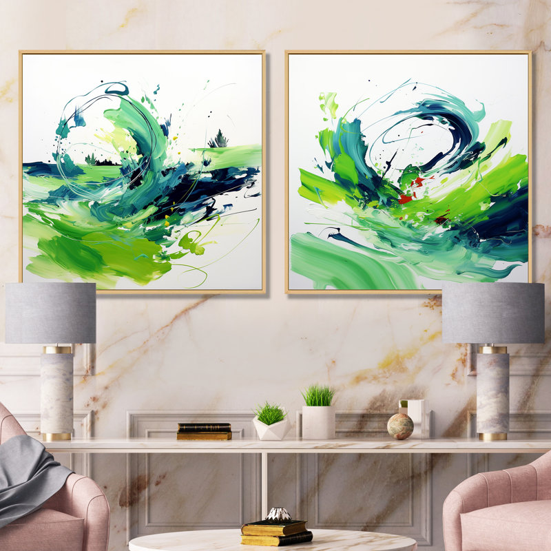«White and Green Abstract Ink Expression I», ensemble de 2 reproductions d'art sur toile, Encadrement brun