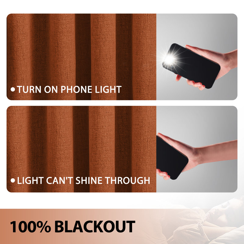 100% Blackout Linen Curtains,Room Darkening Grommet Drapes for Bedroom with White Liner, 52" W x 84" L, Burnt Orange