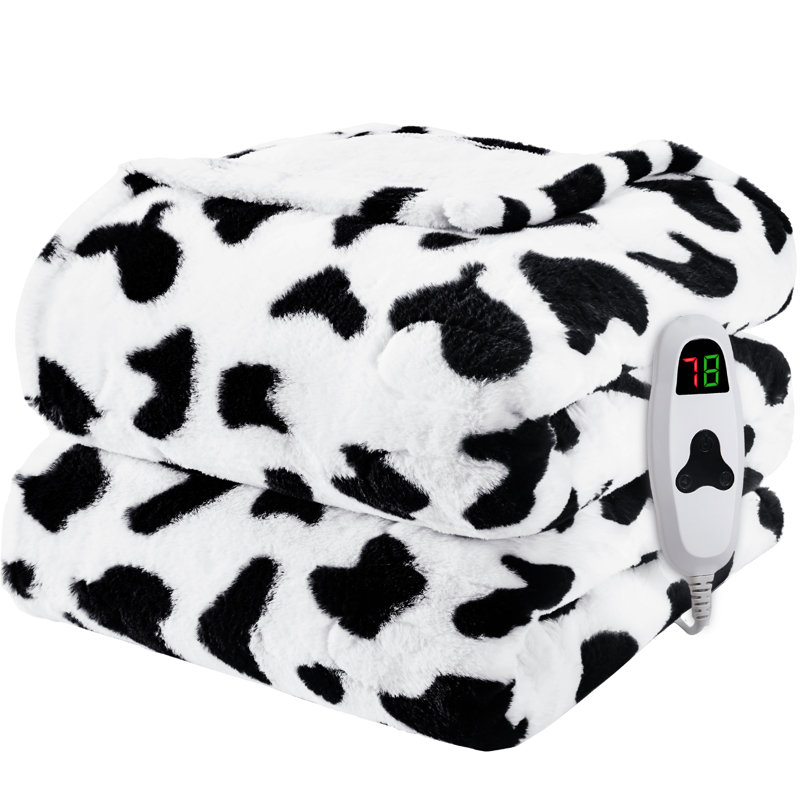 Jeté chauffant à imprimé de vache électrique avec dossier en sherpa douillet, Lit simple, Black