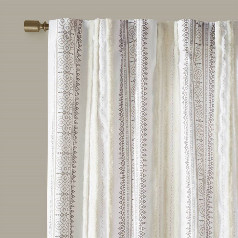 Poly Printed Curtain Panel With Tufted Stripe And Lining 50", Beige, 50" W x 95" L