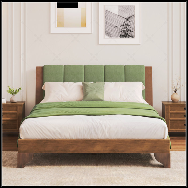 Cadre de lit grand en bois de pin de qualité supérieure avec tête de lit élégante, design moderne Mid-Century, finition noyer et vert