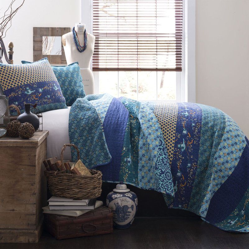 Royal Empire Cotton Reversible 3 Piece Quilt Set, King Quilt + 2 King Shams, Peacock