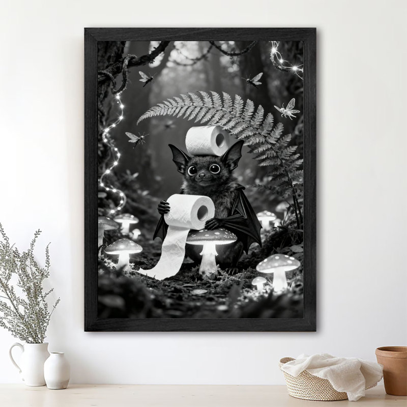Black Framed Vintage Bats holding toilet paper in the wild Wall Art Retro Style Framed Prints, 17" H x 13" W