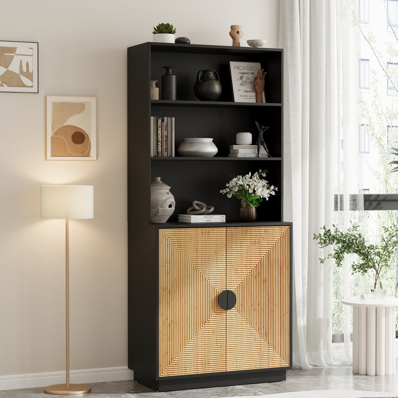 Grand meuble télé en bambou 4 pièces avec bibliothèque pour téléviseur de 63 po ou moins, Noir / brun