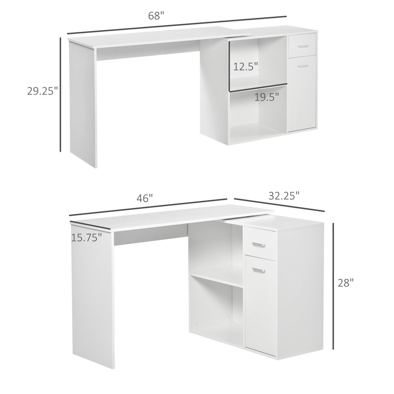 180? Rotating White L-Shaped Computer Desk with Storage, Drawer & Cabinet