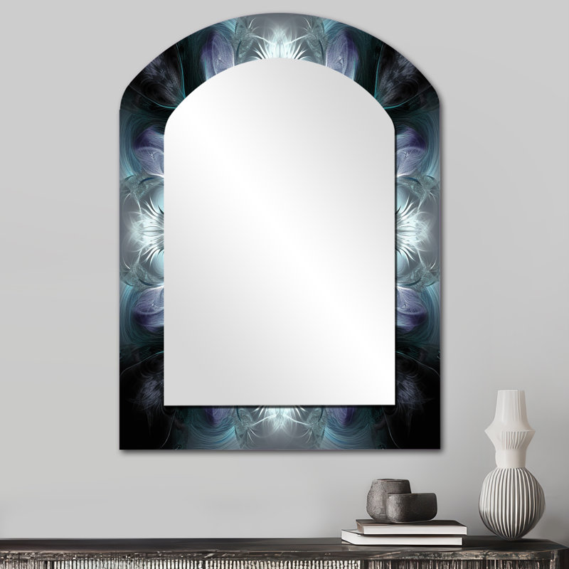 «Kilie Turquoise and White Fractal Flowers II», miroir mural géométrique décoratif, miroir asymétrique moderne, 34 po x 25 po