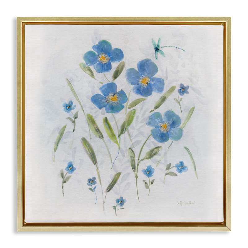 «Dragonfly & Blue Florals», art mural encadré par Sally Swatland, H 25 po x l 25 po, Cadre flottant métallique doré