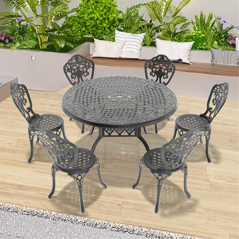 Ensemble de 7 pièces de mobilier de salle à manger en fonte d'aluminium toutes saisons avec cadre noir