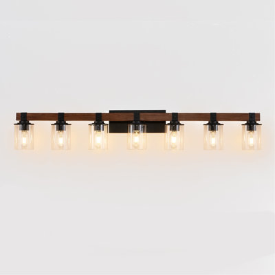 50" Rustic 7-Light Vanity Light, Industrial Bathroom Wall Sconce With Glass Shades And Wood Accent, Modern Farmhouse Lighting Fixture (No Bulbs)