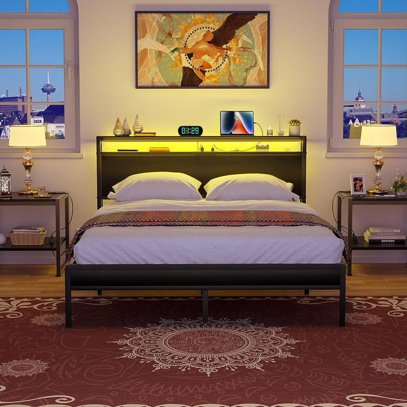 Jaquaya Bed Frame with Charging Station and Led Lights, Black, Queen