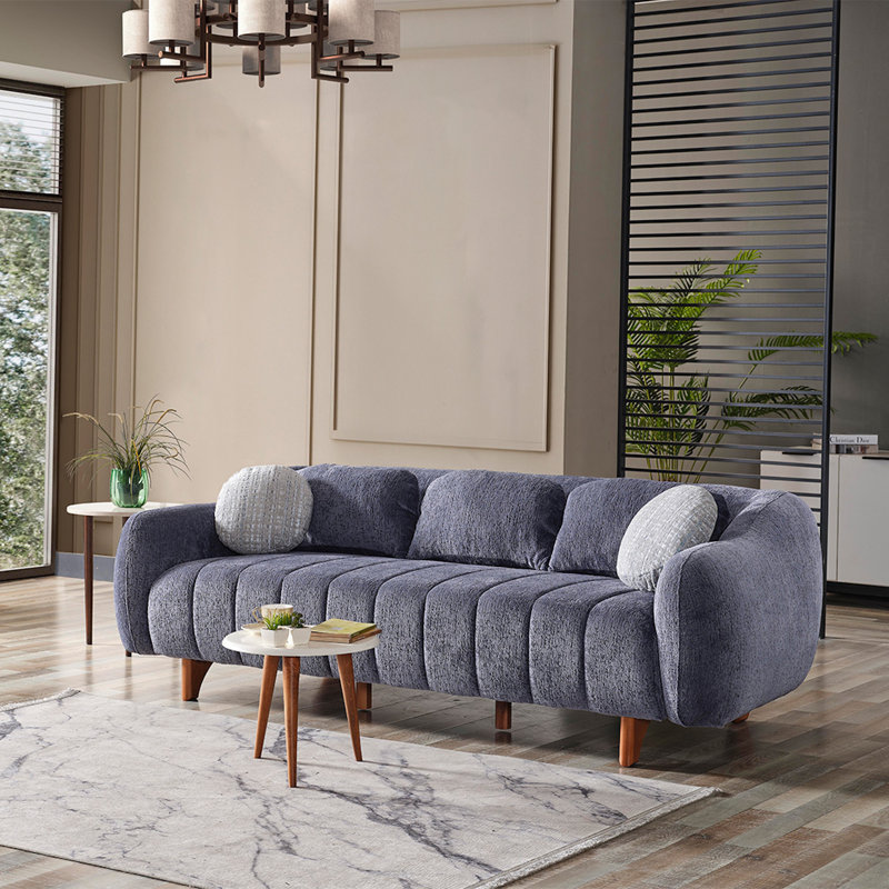 Snowy Roma Modern Curved Sofa With Channel Tufting And Rounded Arms – Upholstery, Gray