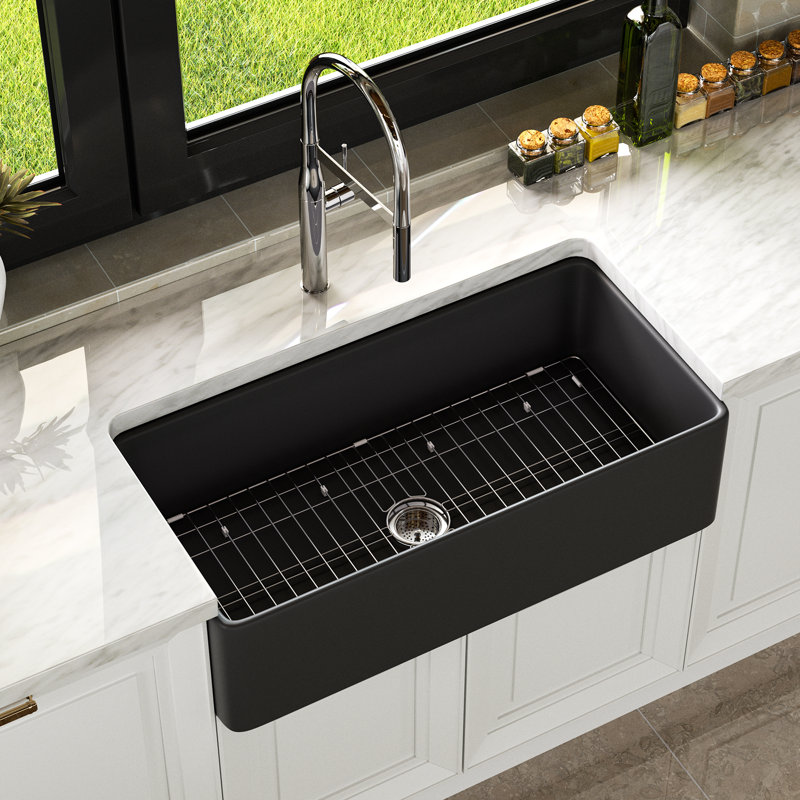 Single Bowl Rectangular Fireclay Farmhouse Kitchen Sink with Sink Grid & Basket Strainer, Black, 10" H x 18" W x 36" L