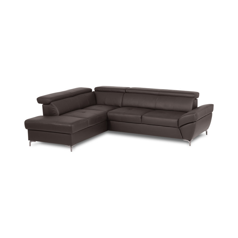 CAPRI Genuine Leather Corner Sofa with Pull-Out Bed and Storage and Adjustable Headrests, Left Hand Facing, Brown