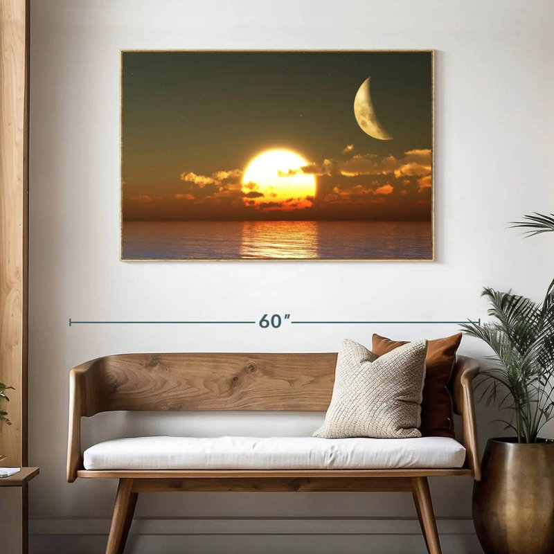 Coucher de soleil sur la lune, Cadre flottant en bois naturel, 46 po x 31 po