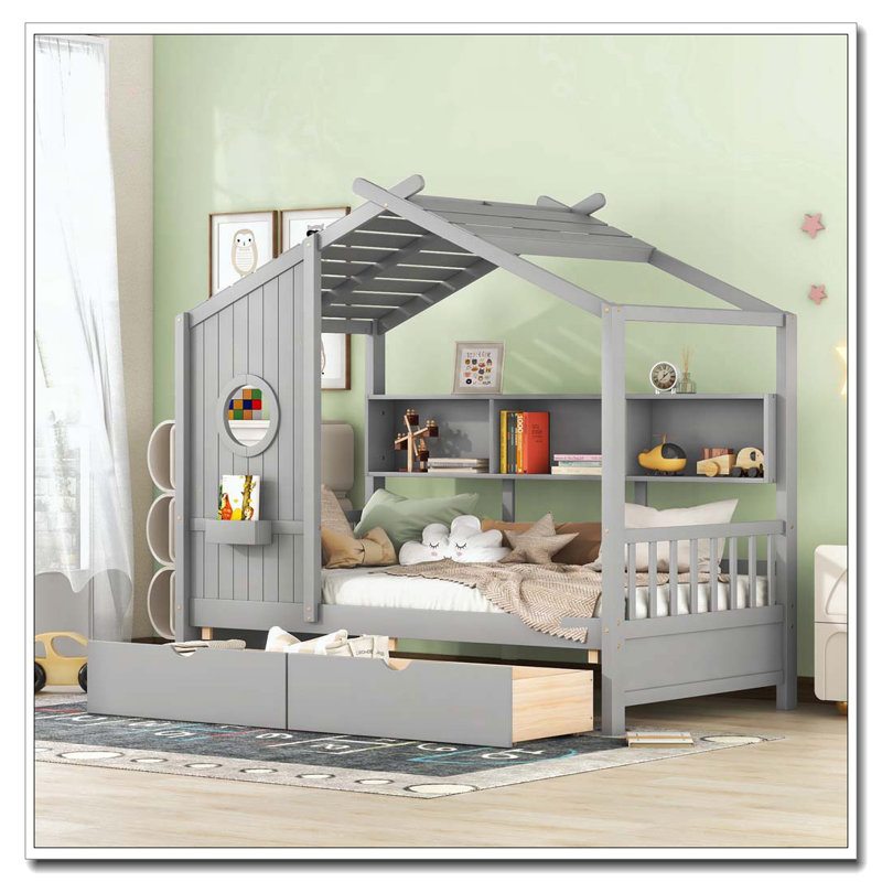 Lit double en bois avec 2 tiroirs, Gris, Lit double