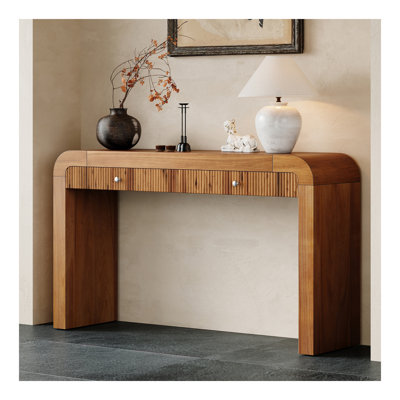 Console rustique avec façade de tiroir cannelée, table d'entrée avec coins incurvés et pieds épais, table de canapé robuste pour le couloir et le salon