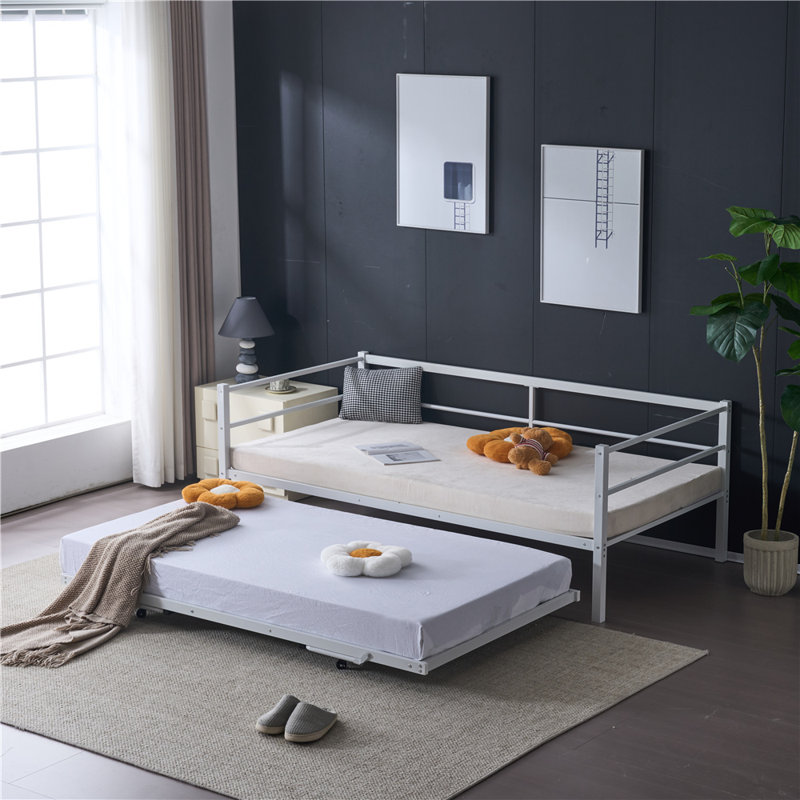 White Twin Size Daybed with Pop Up Trundle Heavy Duty Metal Twin Bed, White