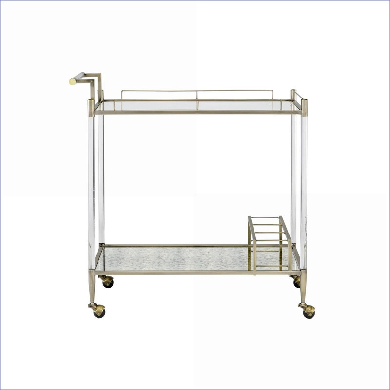 Chariot de service avec support à vin | Miroir antique Fil de laiton | L 31 po x l 14 po x H 24 po | Verre et métal