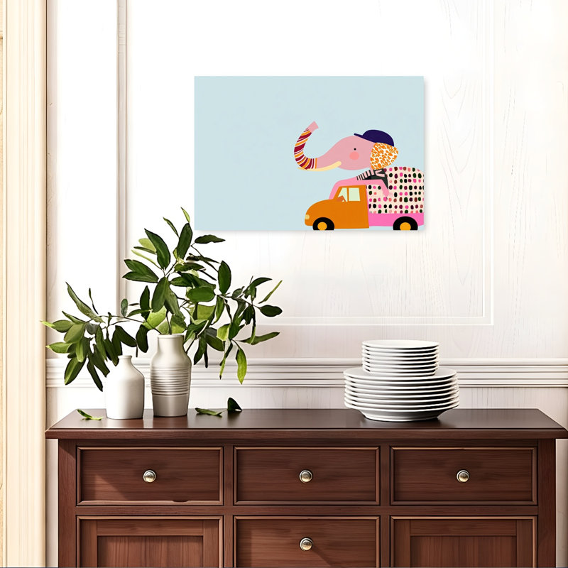 Pink Elephant Truck Ride Contemporary Wall Art Print by Mathieu - Wrapped Canvas Print, 40.64cm H x 60.96cm W