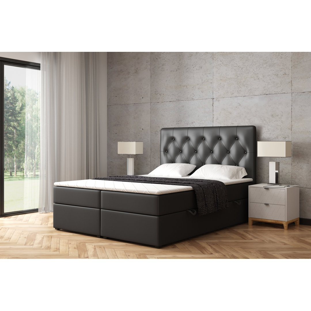 Boxspringbett in Kunstlederoptik mit H4 Multipocket-Matratze, Bettkasten und Topper