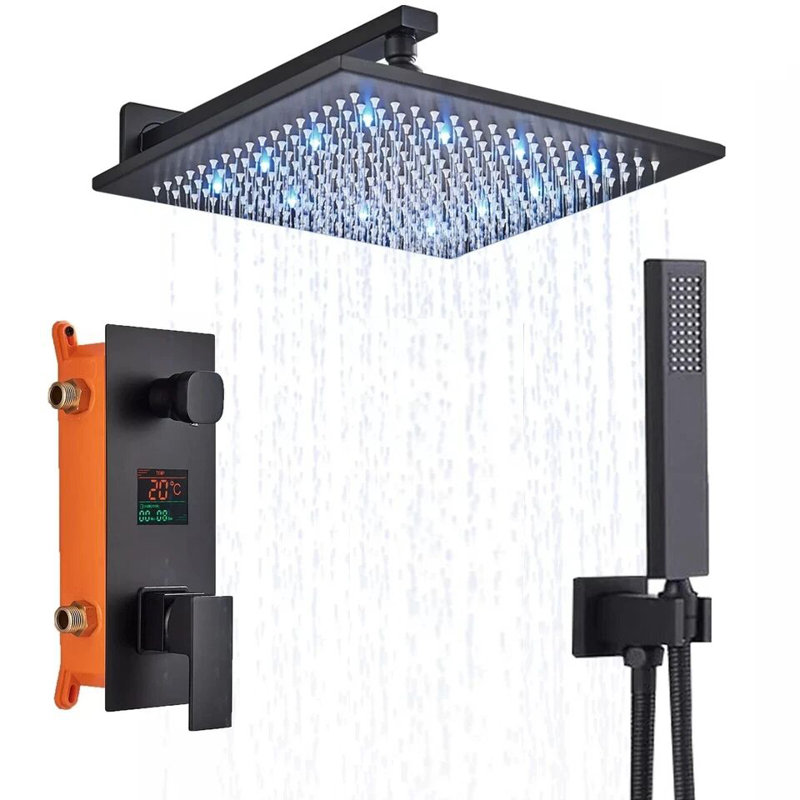 LED Concealed Bathroom Shower Mixer Set 40cm Rain Head Square Valve System Black