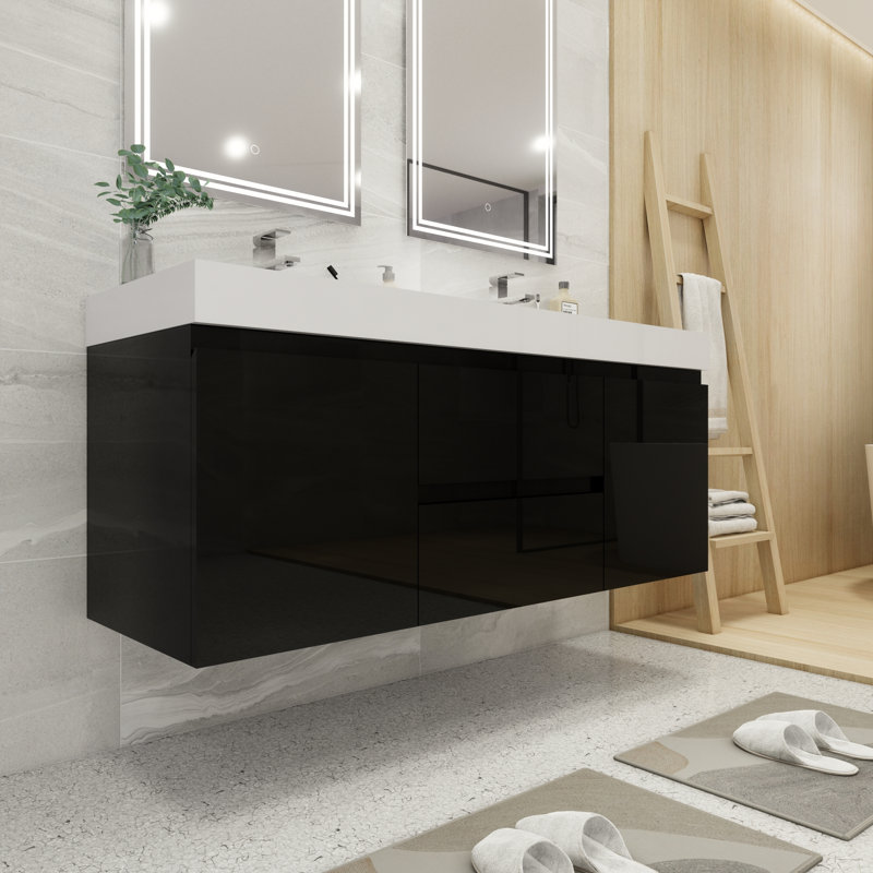 Hartt 59'' Double Bathroom Vanity with Wood, Acrylic Top, High Gloss Black