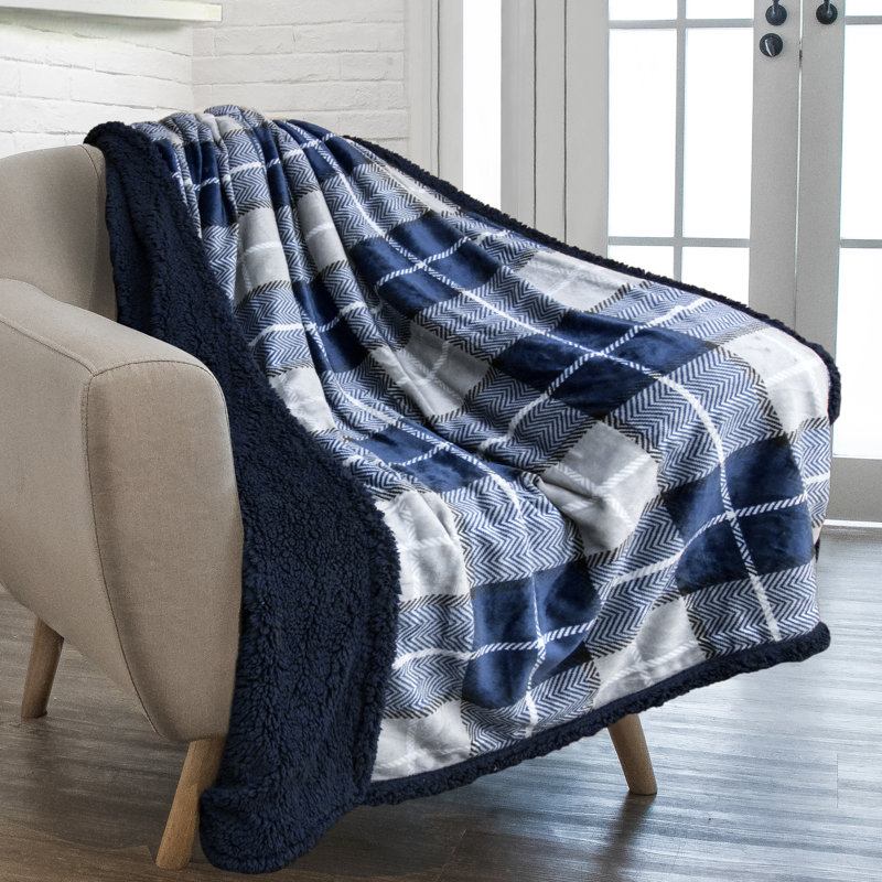 Navy Plaid Twin Reversible Sherpa Fleece Blanket