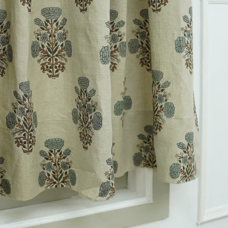 Fabdivine Handmade Linen Curtains 27X63" – Block Print Floral Drapes, Pinch Pleated, Blackout, Room Darkening, Farmhouse & Patio Style, Elegant Home & Office Window Panels, Swadesh, Gray