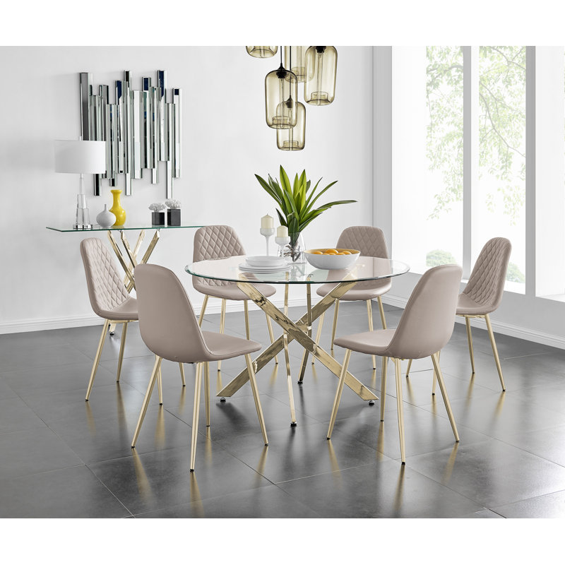 Tierra Chrome Metal and Glass Round Dining Table Set with 6 Faux Leather Upholstered Dining Chairs, Cappuccino Beige