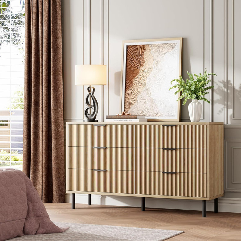 Commode moderne à 6 tiroirs en chêne naturel avec poignées en métal, Chêne naturel