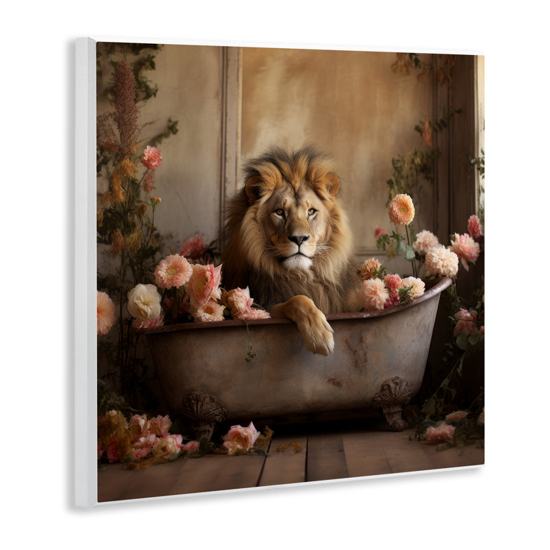 Lion dans une baignoire remplie de fleurs, H 12 po x l 12 po x P 0,5 po