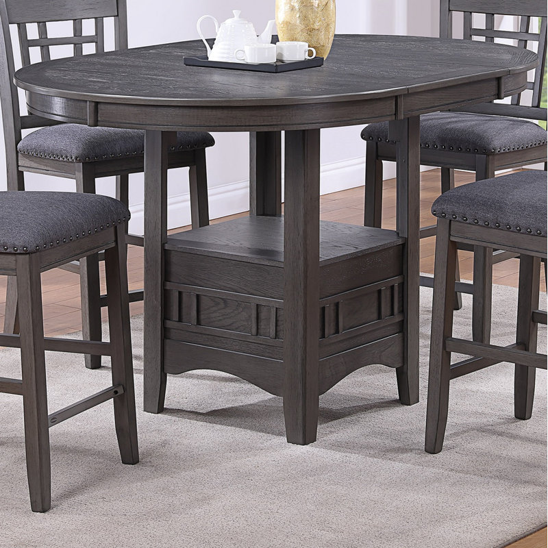 Gray Round Solid Wood Counter Height Dining Table with Shelf