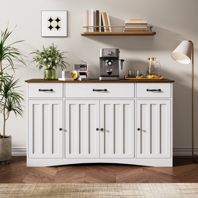 Modern Farmhouse Sideboard Buffet Cabinet with Drawers and Doors, Two-Tone Wood Grain & White Beadboard, Adjustable Shelves, Durable Wood Construction by Winston Porter