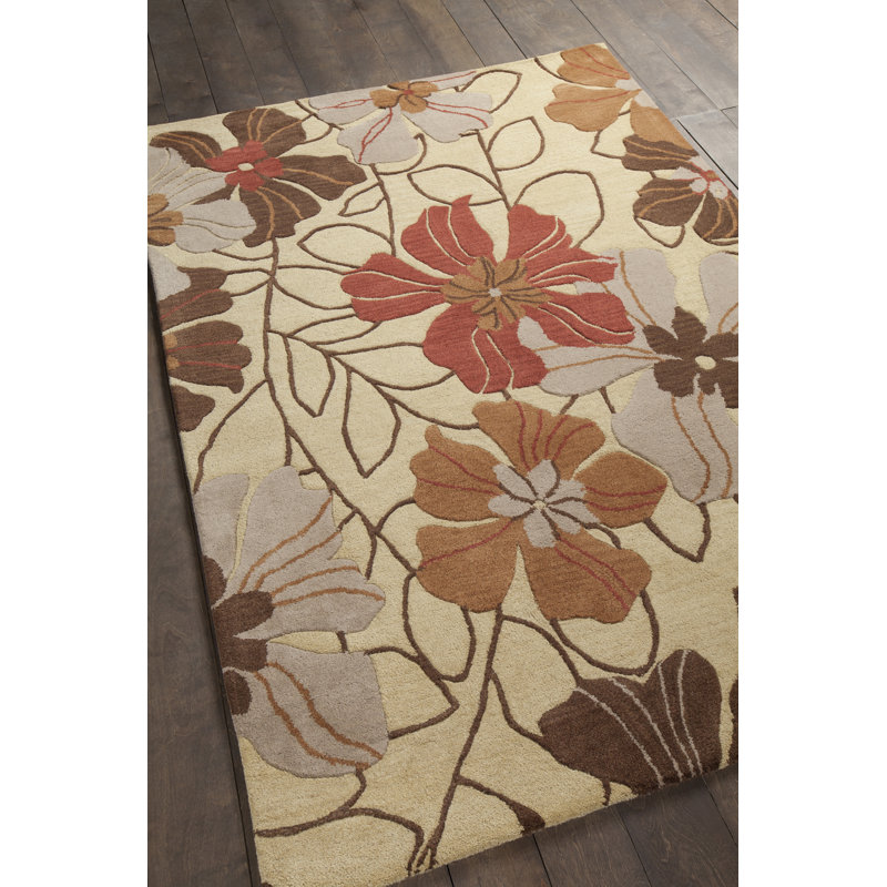 Tapis orange en laine touffeté à la main à motif floral orange, rouge, brun et gris Jonas Authentic, 7 pi x 10 po