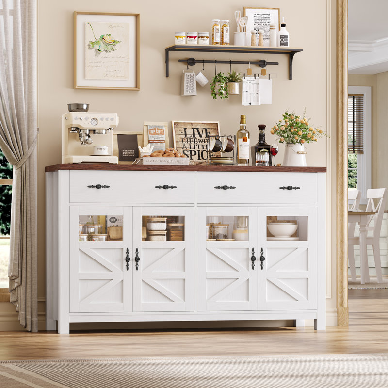 Almus 55'' Sideboard with 4 Glass Doors, 2 Large Drawers and Adjustable Shelves, White/Brown