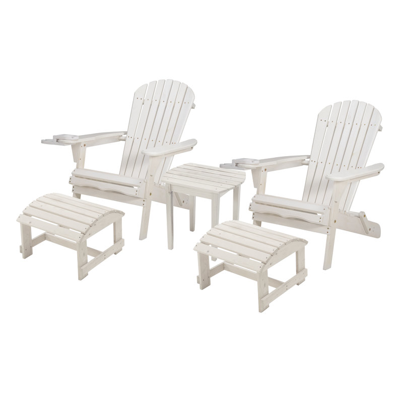 Foldable Adirondack Chair With Cup Holder Conversation Set, 2 Foldable Adirondack Chairs With Cup Holders With Ottoman And 1 End Table