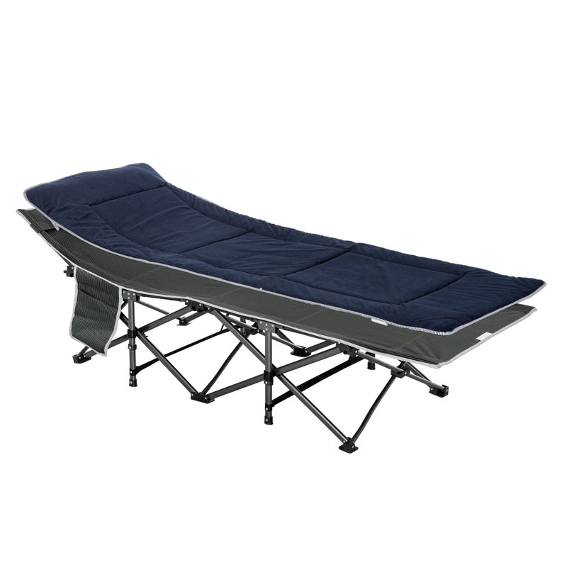 Lit de camp pliant pour adultes avec matelas et oreiller, gris et bleu