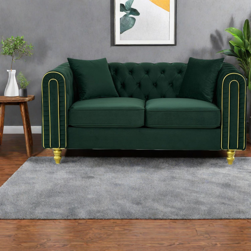 Causeuse en velours vert moderne de 63 pouces avec canapé Chesterfield Modern