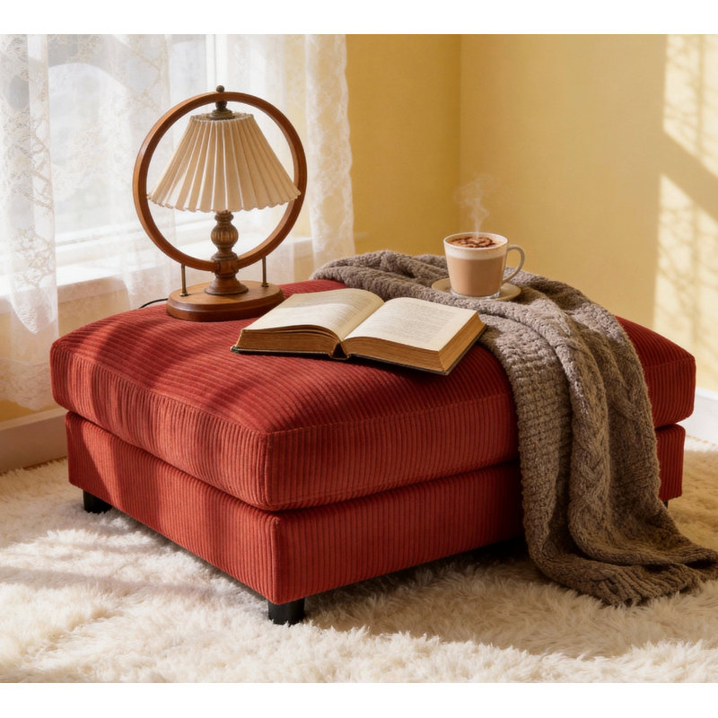 Corduroy Upholstered Rectangle Ottoman, Red