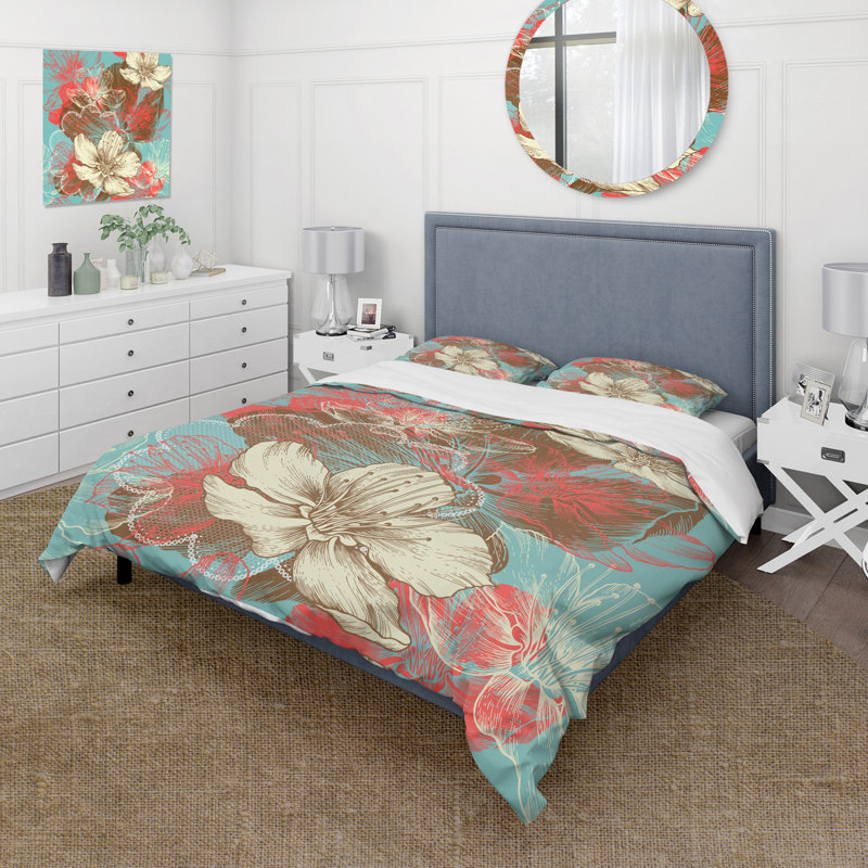 Ensemble de housse de couette en microfibre corail / turquoise / brun, Housse de couette simple + 1 taie décorative stan