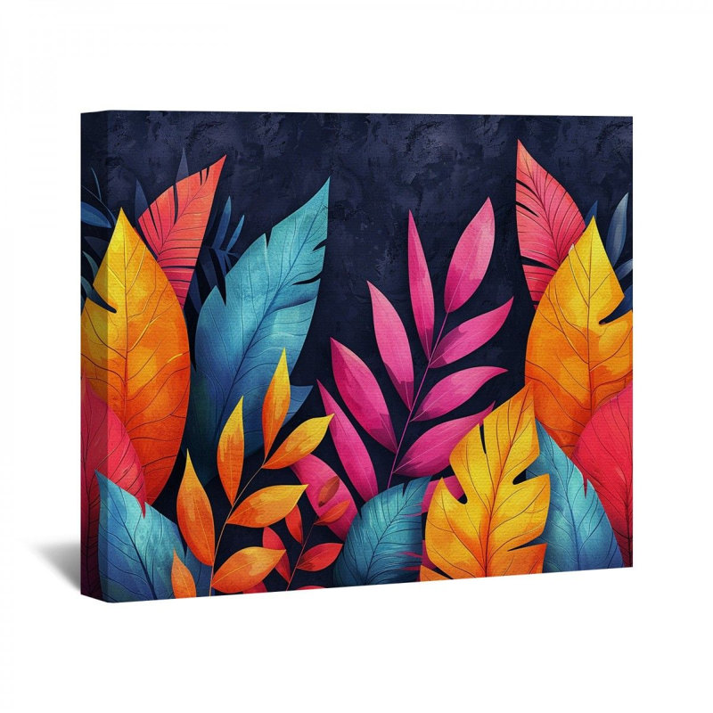Feuilles encadrées sur toile, H 11 po x l 14 po x P 3 po