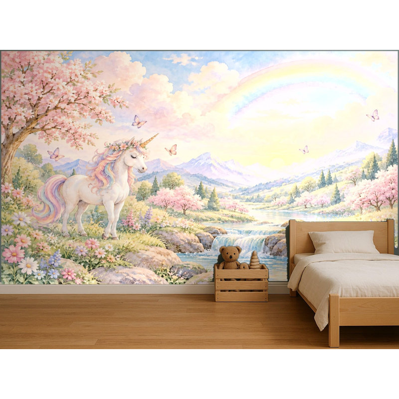 Unicorn Rainbow Dream Wallpaper Mural, Peel and Stick Kids Room Wall Mural, Watercolor Nursery Wallpaper Made to Measure