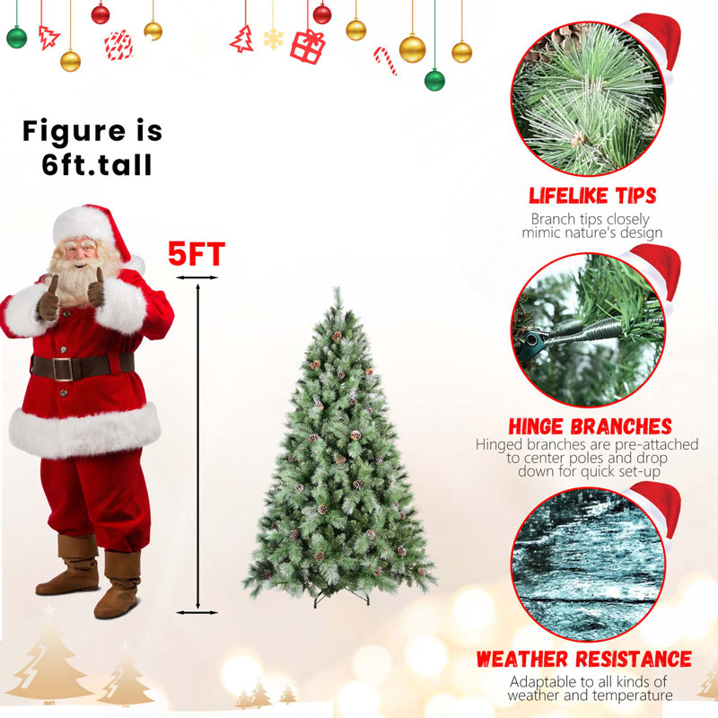 Arbre de Noël mixte en PVC et à aiguilles rigides avec pommes de pin et support en métal robuste, 7'