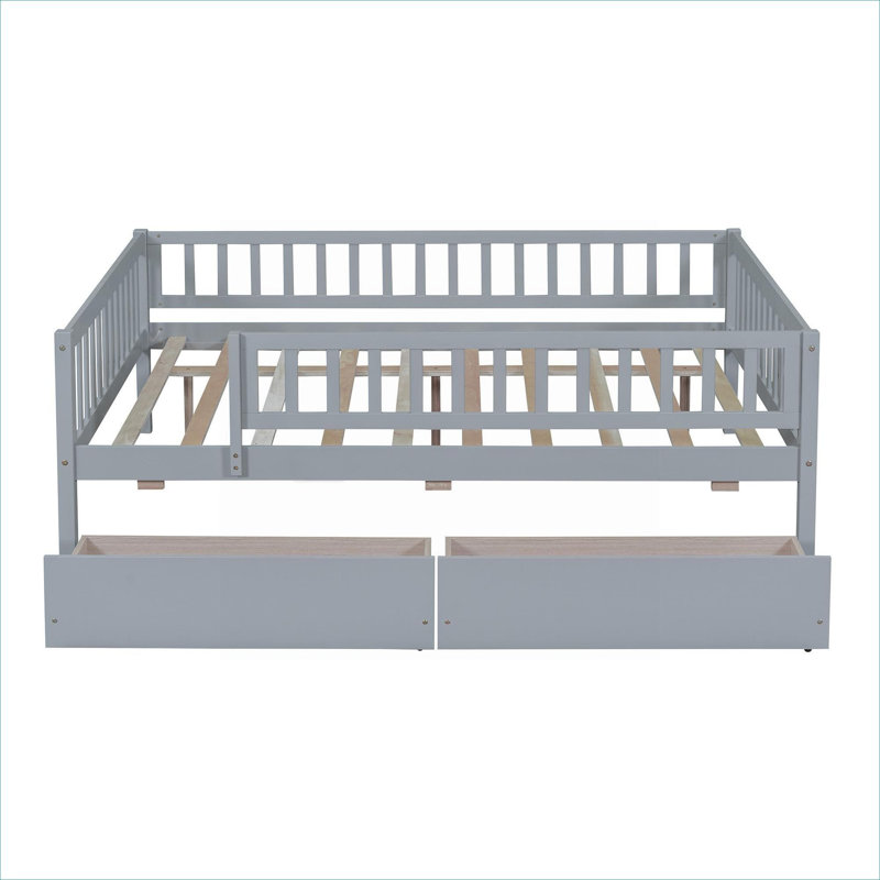 Lit plateforme compact en bois massif avec tiroirs de rangement, gris classique