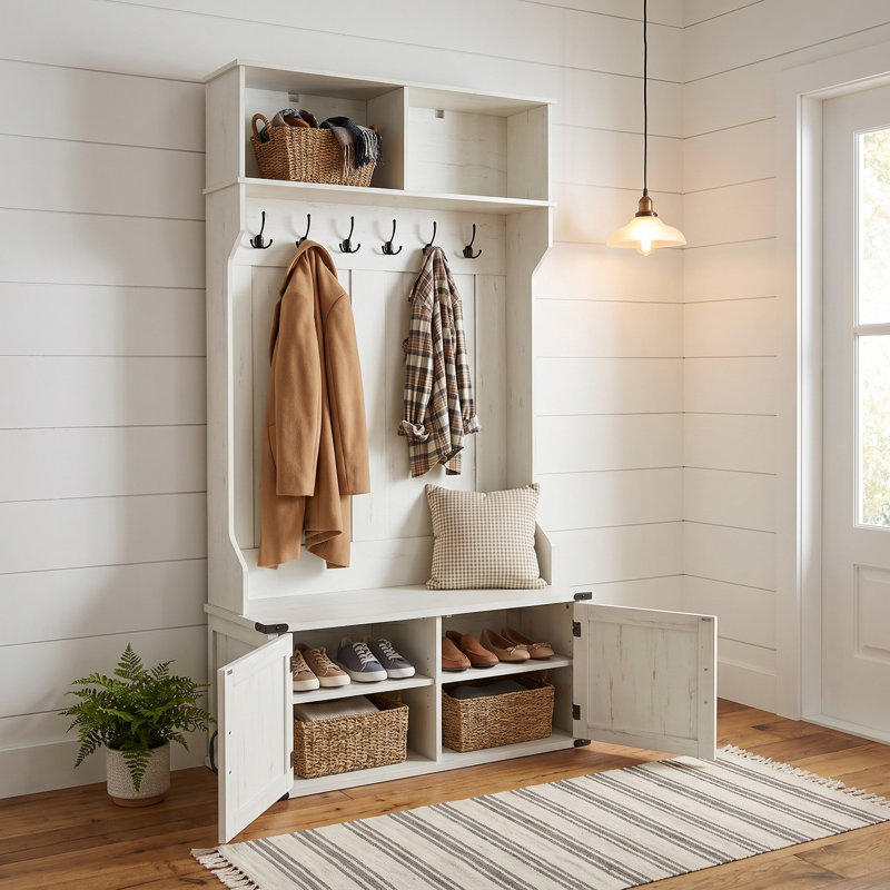 Hall Tree With Storage Bench - Entryway Coat Rack With Hooks, Shoe Bench, And Shelves, Farmhouse Style Mudroom Organizer For Hallway, Foyer, Entryway