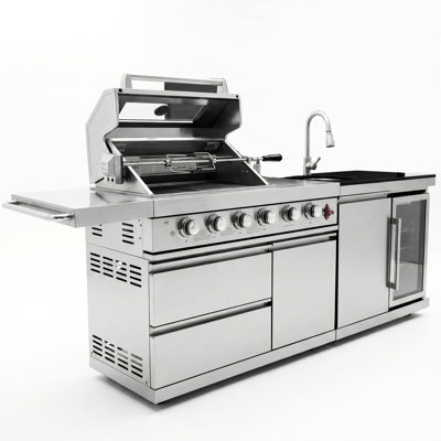 84 - Inch 5 Burner Grill With 75300 , Built In Beverage Fridge, And Foldable Side Shelf For Convenience Gas Outdoor Kitchen Stainless Steel Sink, Led Backlit Control Easy Operation