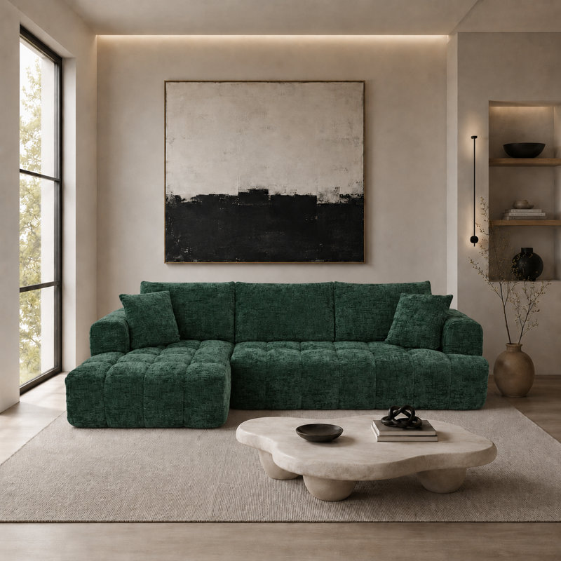 Canapé modulaire rembourré en L 3 pièces avec deux coussins Classic, Chenille orange, Orienté à gauche (vu de face)