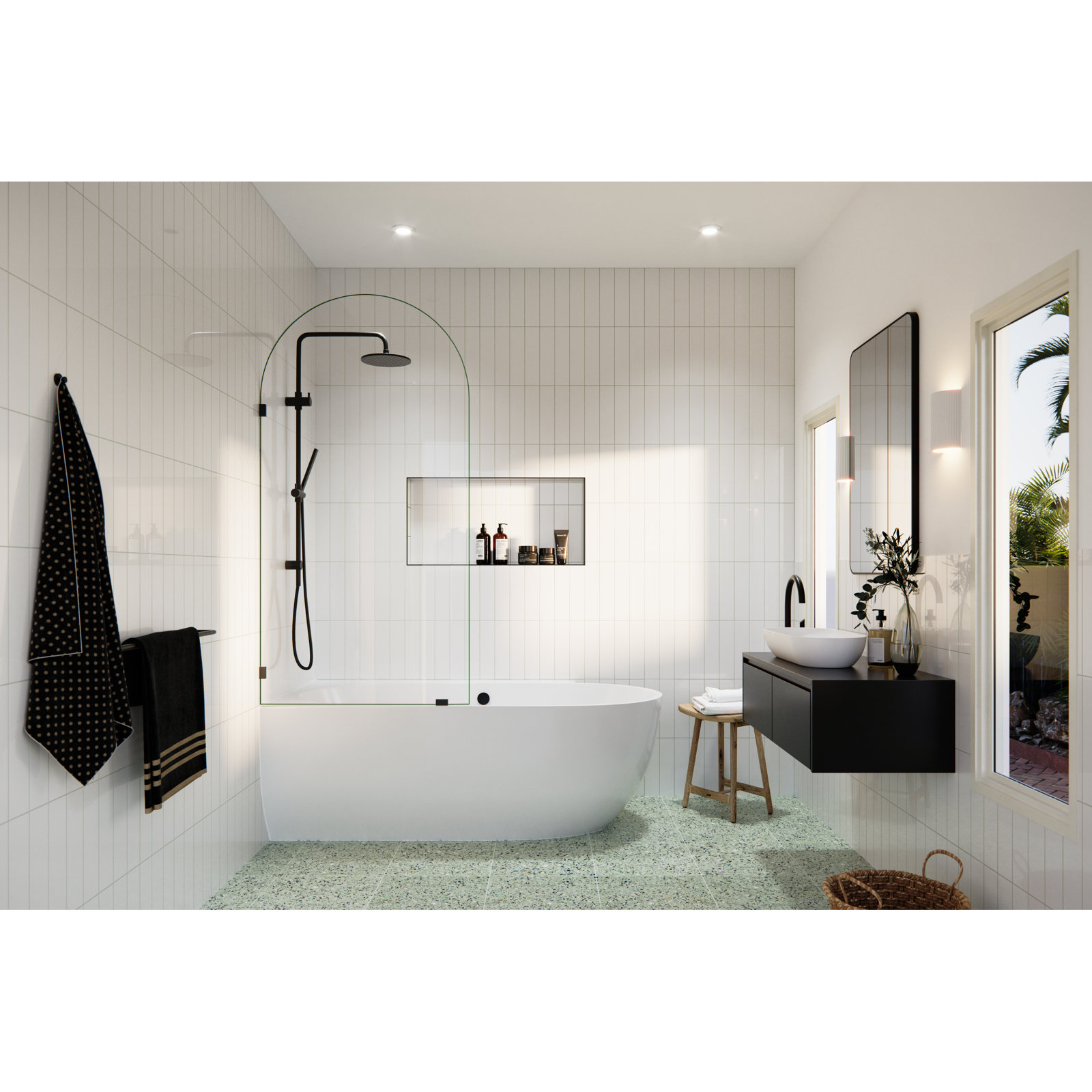 Venus 34 in. x 66.75 in. Frameless Arched Single Fixed Bath Panel, Matte Black