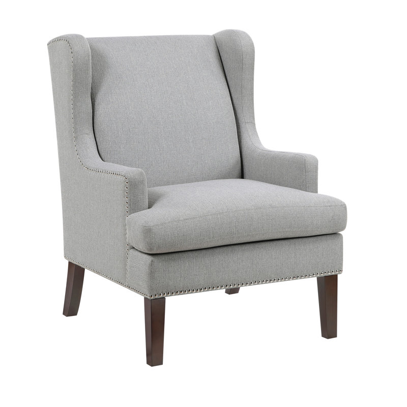 Chaise d'appoint grise pour le salon, rembourrée de mousse, largeur 33 po, chaise en contreplaqué à pieds bruns, tissu, largeur du produit